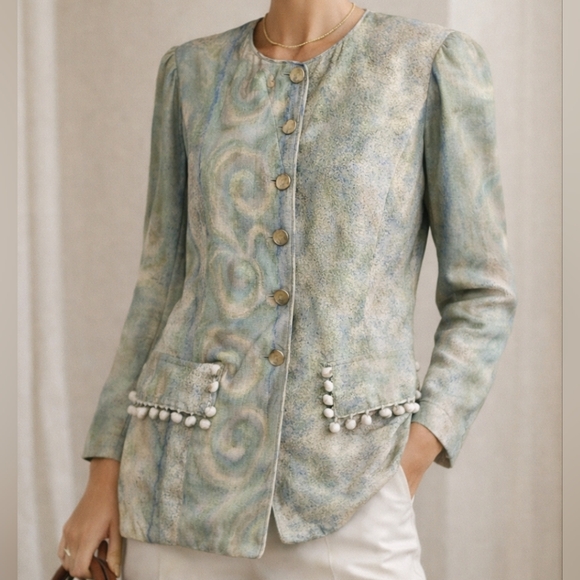 Dorothy Schoelen Jackets & Blazers - Dorothy Schoelen Platinum Jacket Small Silk Blend Vintage Abstract Art Blazer